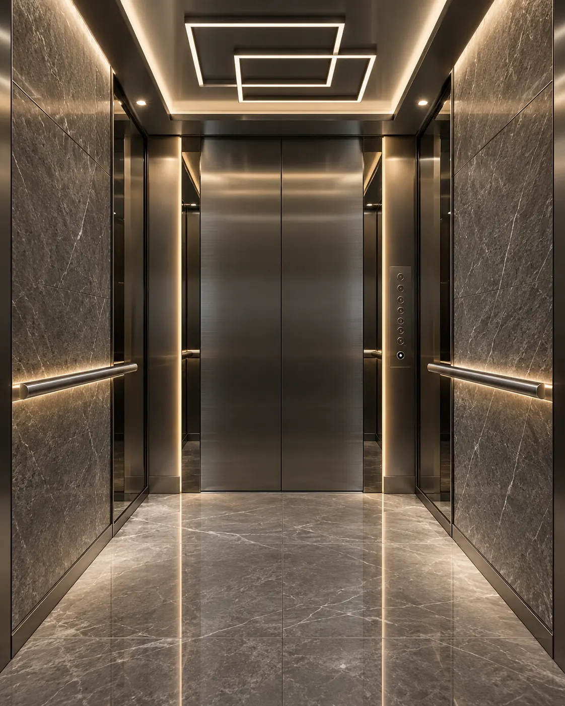 Lift cabin with dark metallic finishes and a marble-pattern floor
