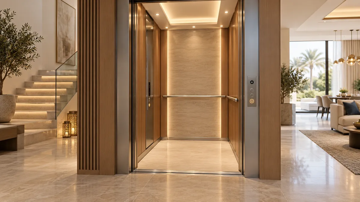 Original concept of an accessible home lift with a wide entrance, level threshold, handrail and warm interior finishes in a UAE villa