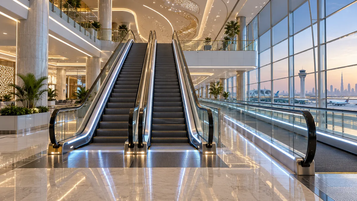 Original concept of modern escalators and an adjacent moving walkway with integrated lighting in a UAE airport concourse