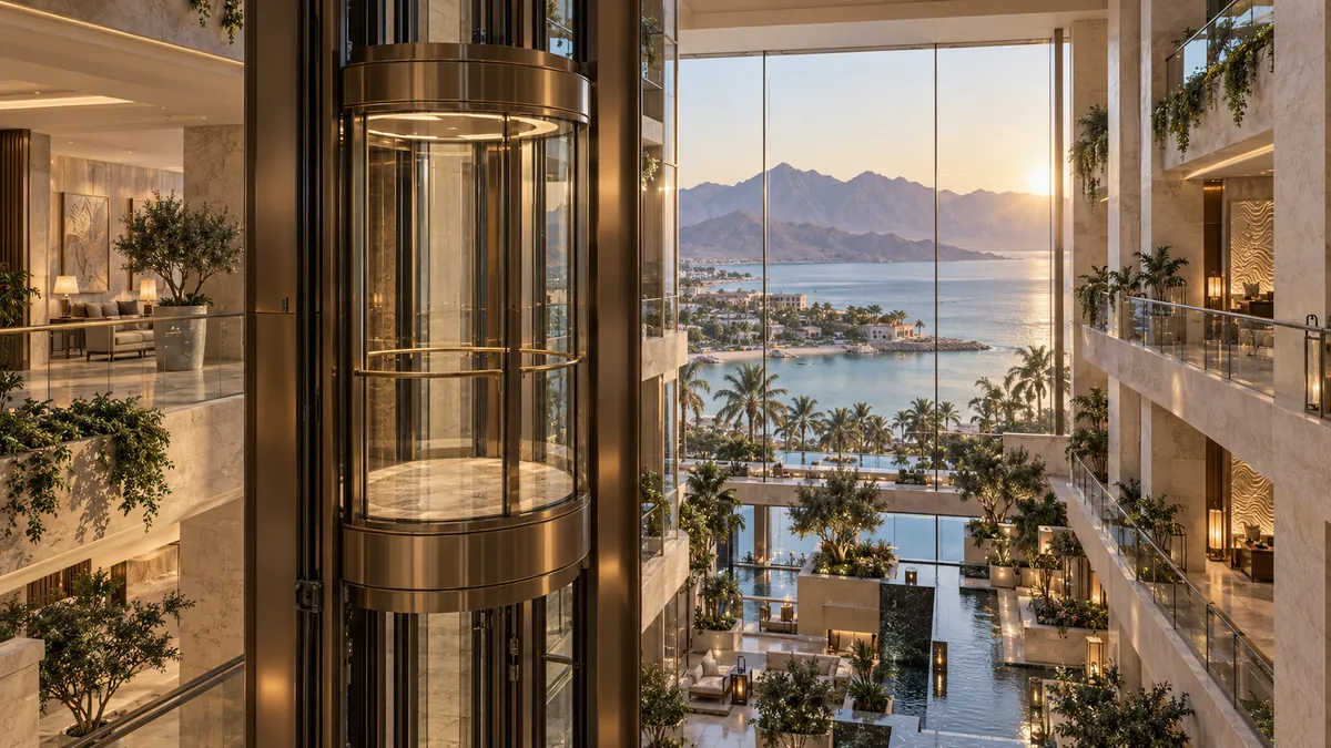 Original concept of a bronze panoramic passenger lift in a coastal Ras Al Khaimah resort atrium