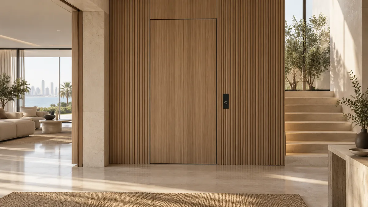 Concept visualization of a concealed home-lift entrance integrated into an existing villa interior