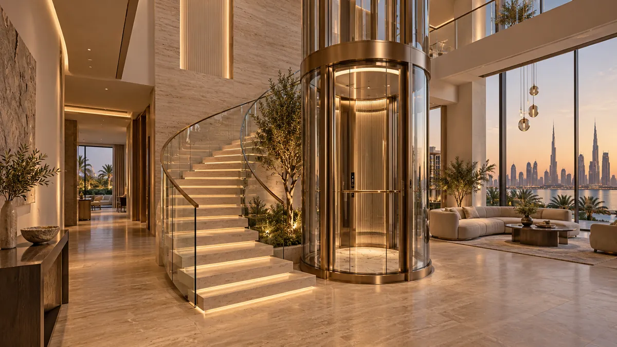 Original concept of a curved panoramic glass home lift beside a floating staircase in a contemporary Dubai villa