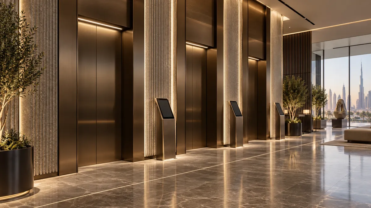 Original concept of a premium Dubai tower lobby with three elevators and blank destination-control terminals