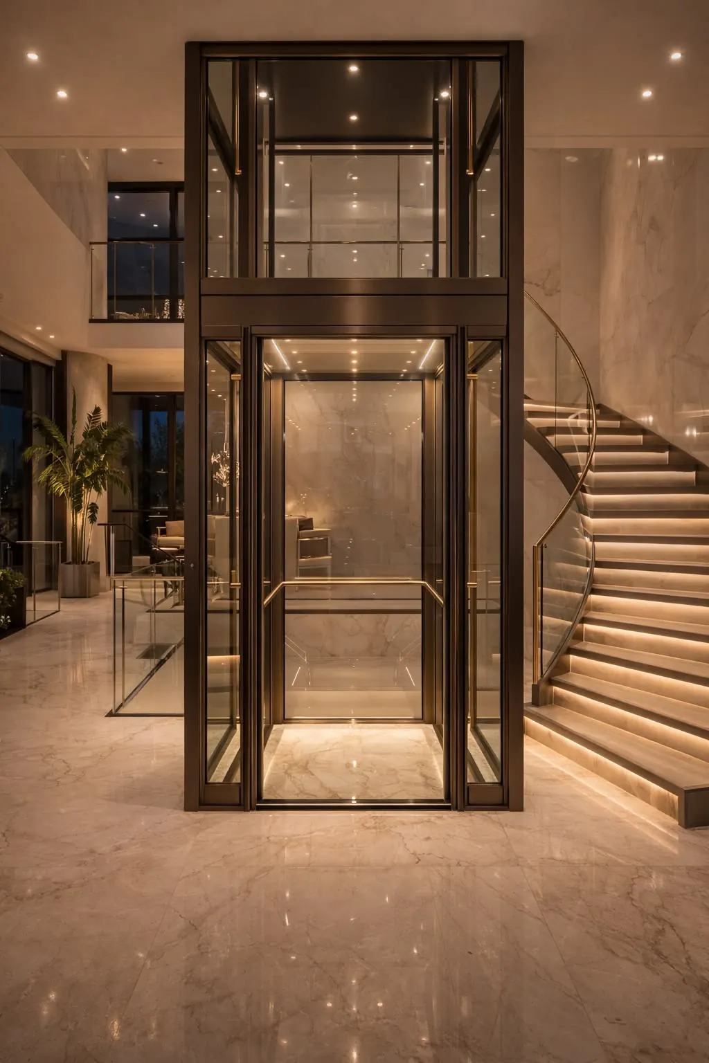Bronze-framed glass home lift beside an illuminated curved staircase and marble walls