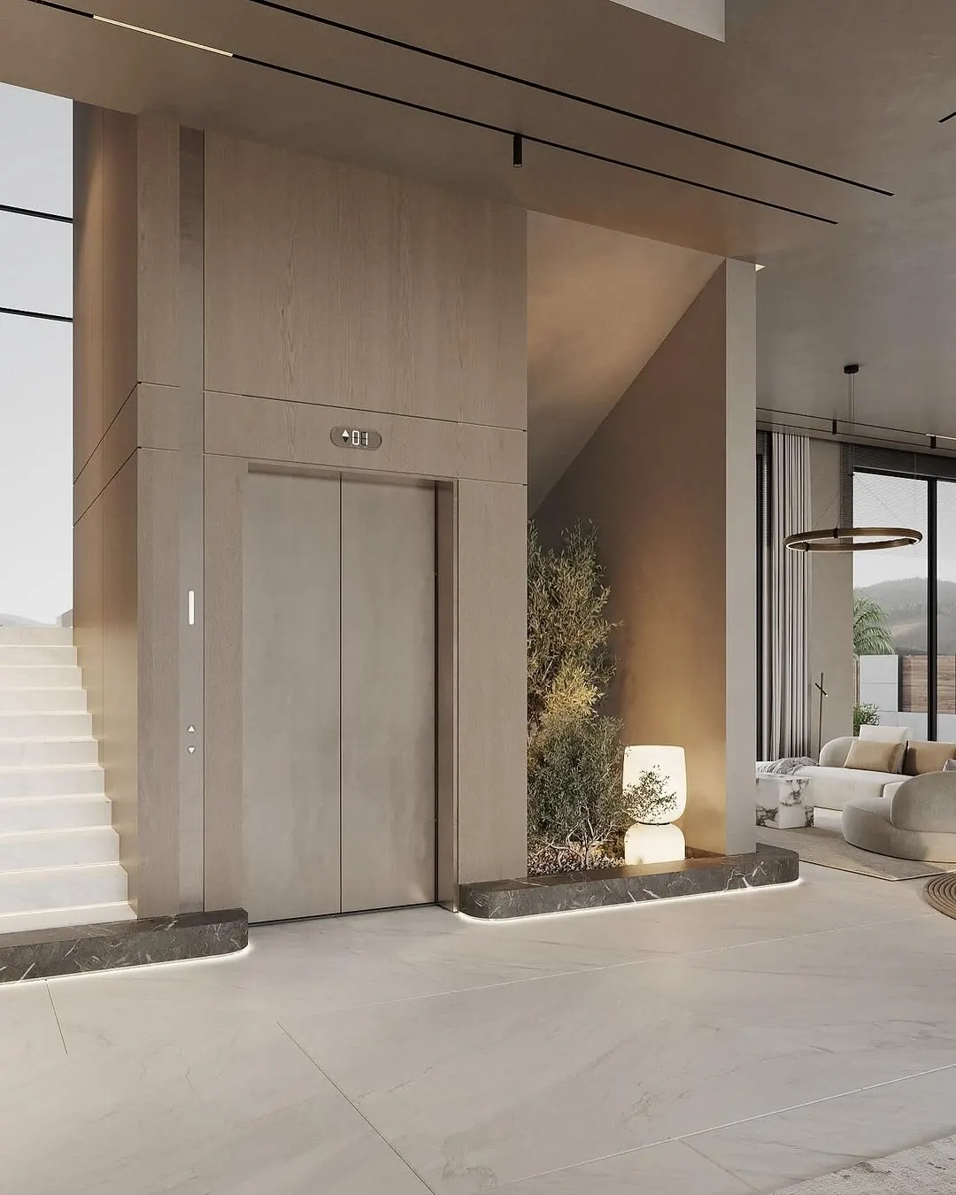 Flush beige lift doors integrated with wall panels beside a white staircase and indoor planting