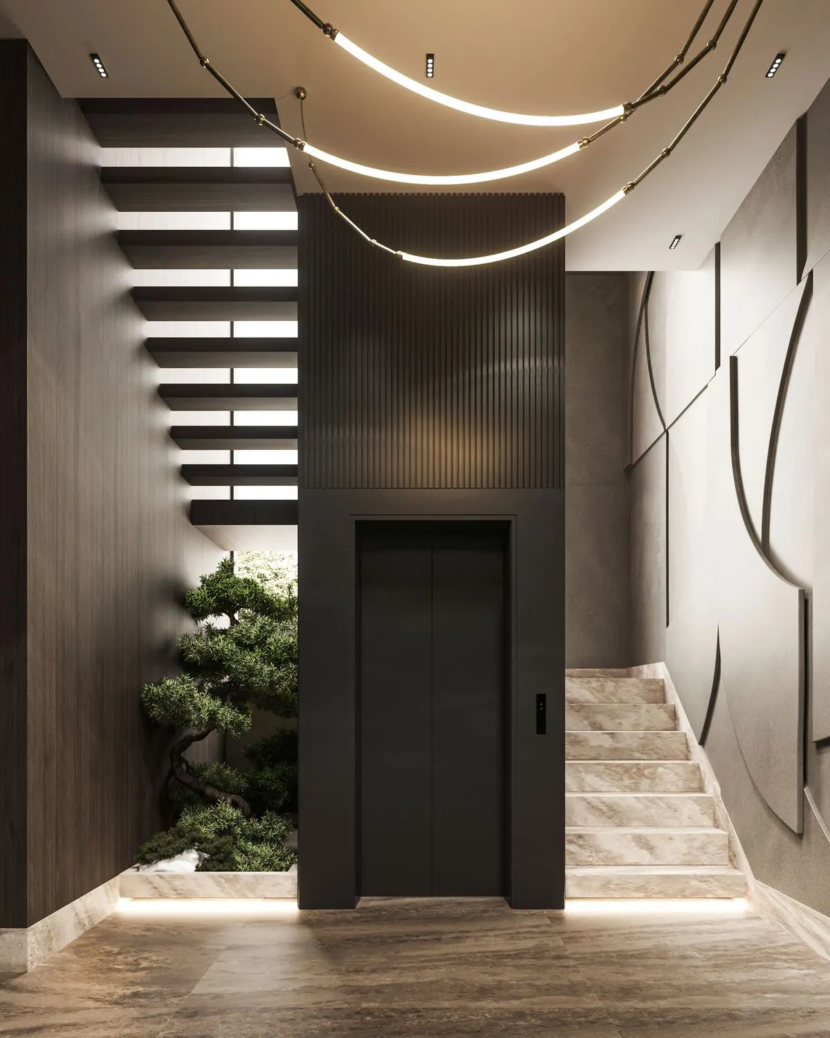 Matte black lift doors beneath sculptural lights between a staircase and indoor garden