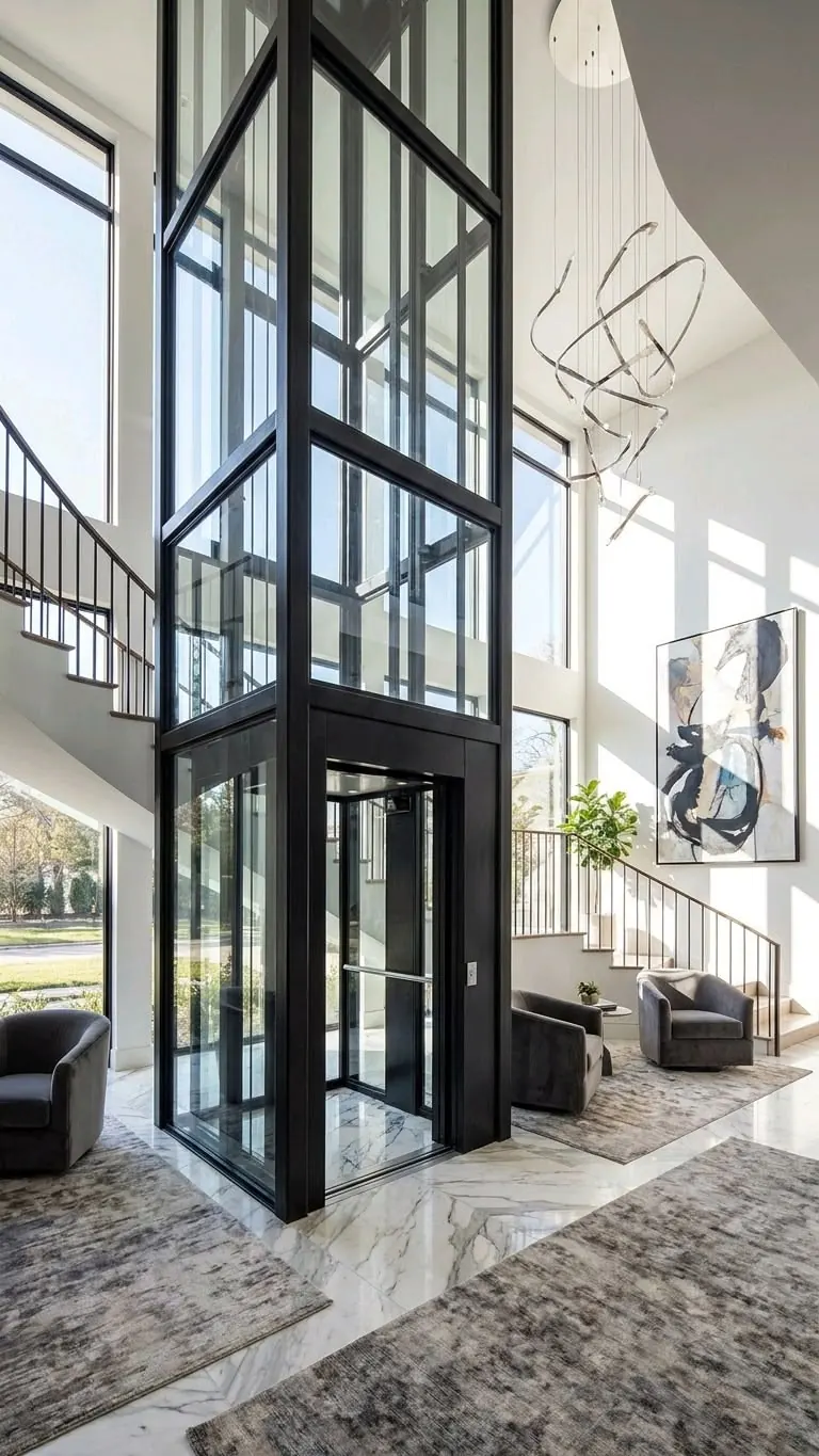 Tall black-framed glass home lift shaft in a double-height villa living space